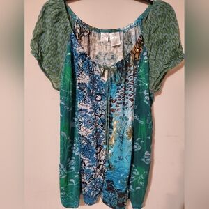 Y2k Mixed Print Turquoise Scoop Neck Womens Top XL Leopard Boho Beaded